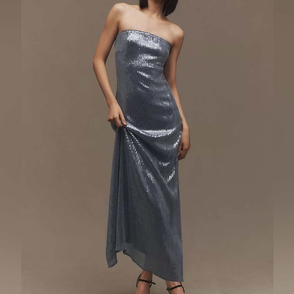 Hutch | Strapless Sequin Back-Slit Column Midi Dress